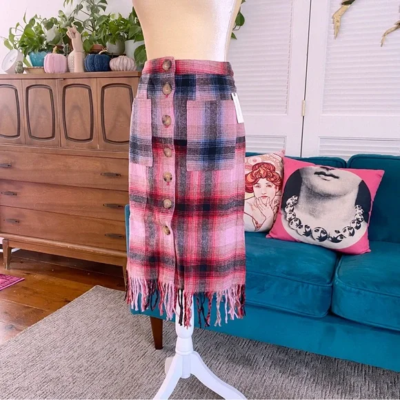 Anthropologie | Maeve Fringed Midi Skirt Plaid Pink Buttondown Christmas New 6 - Picture 4 of 15